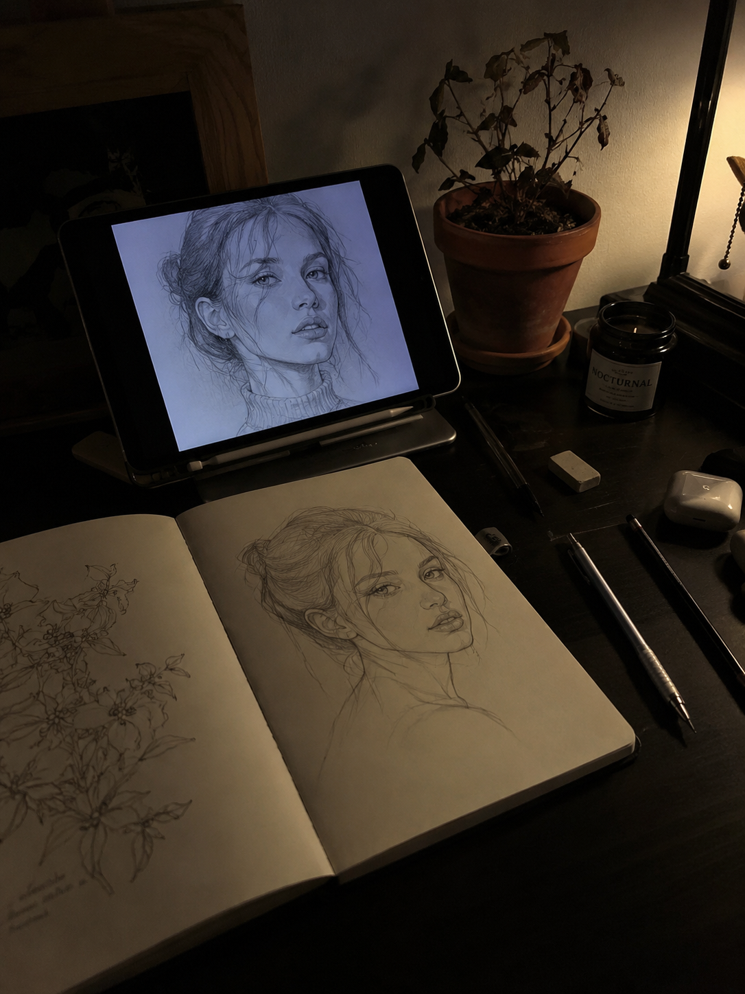 Práctica de retrato con referencia en tableta